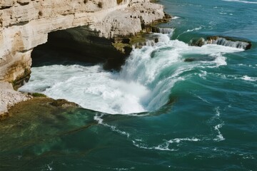 Waterfall cascading into a turquoise pool surrounded by rocky cliffs