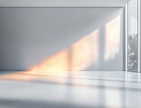 Sunlight streaming through large floor-to-ceiling windows casting soft, warm shadows on the empty white wall and polished floor in a minimalist modern space - Powered by Adobe