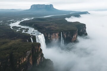 Aerial view of a majestic waterfall cascading over cliffs into a mist-covered valley with a distant plateau under a cloudy sky