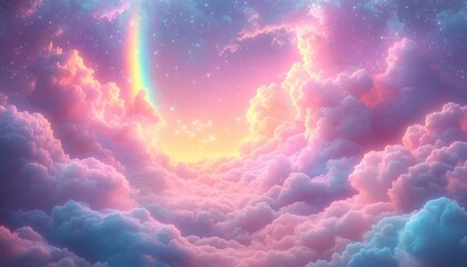 Fototapeta premium Surreal view of fluffy pink and blue clouds under a starry sky with a glowing rainbow and warm golden light on the horizon evoking a dreamy and peaceful atmosphere