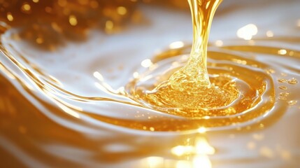 Golden liquid flowing and creating ripples and bubbles on the reflective surface with warm glowing light