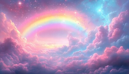 Obraz premium Dreamy pastel sky filled with soft pink and blue clouds under a glowing starry night with a vibrant rainbow arcing gracefully across the horizon