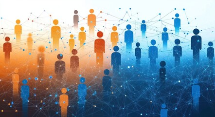 Abstract digital illustration of interconnected human figures in blue and orange tones representing a network of communication and social connections