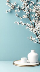 Blossom Branch with White Vase and Tray on Blue Background