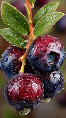 Blueberries with Water Droplets on Branch