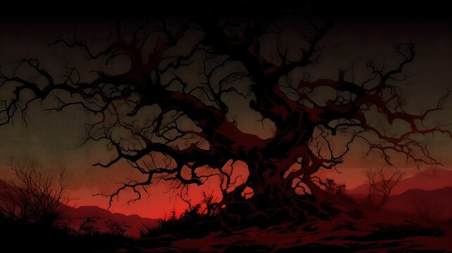 Horror fantasy adventure theme, a stranger world filled with mystery, withered trees and sky, wallpaper background illustration poster in light and shadow