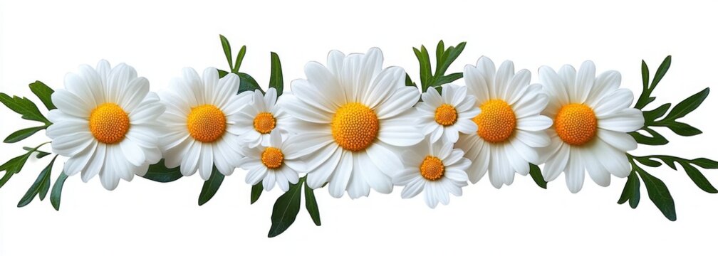 Row of white daisy flowers with bright yellow centers and green leaves arranged horizontally on white background