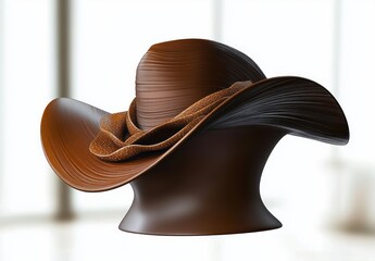 brown cowboy hat with wide curved brim displayed on a matching hat stand against a softly lit bright background