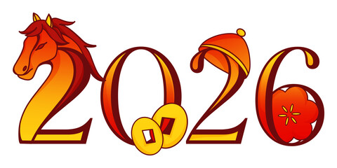 Chinese New Year 2026 horse illustration with gold coins and festive floral accents.