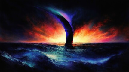 Vivid cosmic scene with a large crescent-shaped celestial body rising over a turbulent ocean under a dramatic fiery sunset sky