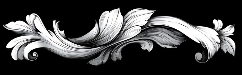elegant black and white ornamental floral swirl design with detailed flowing leaves and petals on black background