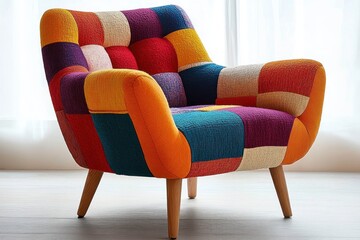 Colorful patchwork armchair with wooden legs standing on a light floor against a softly lit white curtain background