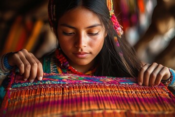 Focused young woman examining colorful woven textile with traditional patterns in warm, intimate setting