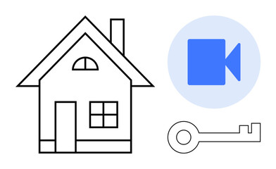 Obraz premium Smart home systems, security, video surveillance, privacy, access control, and safety monitoring. Image features a house outline, blue video camera icon and a key design. Smart home systems
