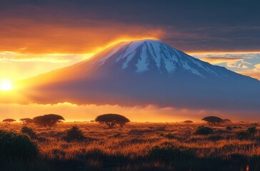 Sunset casting golden light over a vast savanna with scattered acacia trees and a large snow-capped mountain in the background under a partly cloudy sky