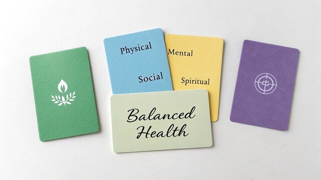 Colorful Health Concept Cards Representing Physical, Mental, Social, and Spiritual Wellbeing for Holistic Wellness Practices