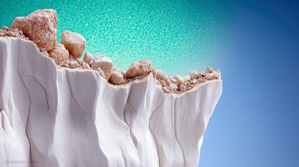 Cliff Edge with Rocks and Water against Blue Sky
