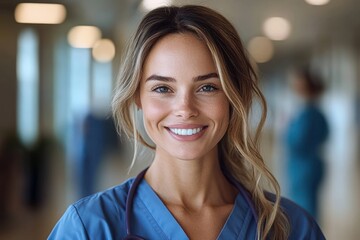 smiling young female healthcare professional in blue medical scrubs with stethoscope in bright clinical hallway