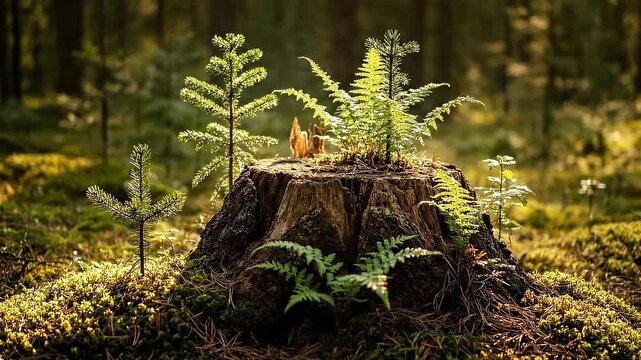 Closeup of young ferns and tiny pine seedlings growing on a moss-covered forest floor near a tree stump in warm sunlight