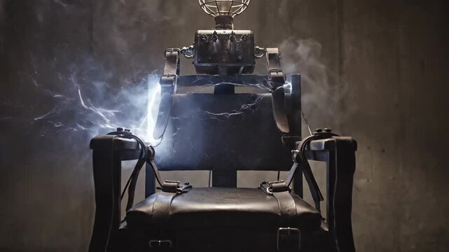 Dramatic electric chair sparking with blue lightning in dark prison execution chamber