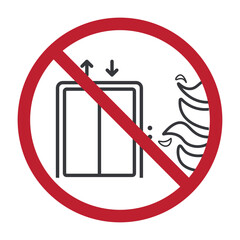 Isolated prohibition sign elevator with fire, showing a clear warning to avoid using lifts during fire emergencies for building safety signage.