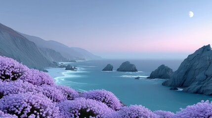Coastal Landscape with Purple Flowers and Moon at Dusk