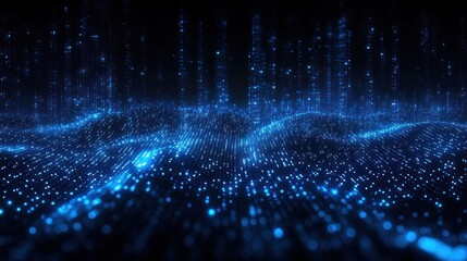 Abstract digital landscape with glowing blue dots forming a wave pattern and vertical light trails in a dark space