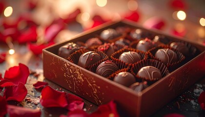 Box of Chocolates with Rose Petals for Valentines Day.
