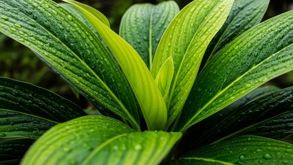 A close up shot of green leaves with water droplets glistening on their surfaces outdoors