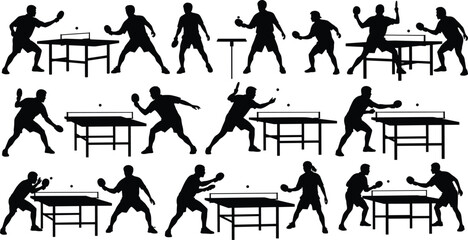 Table Tennis Players Silhouettes Vector Set of Men and Women Playing Ping Pong Action Poses Holding Paddle and Hitting Ball Over the Net