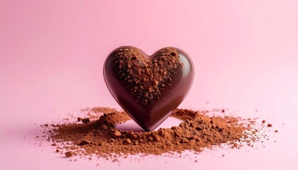 Chocolate Heart with Cocoa Powder on Pink Background.