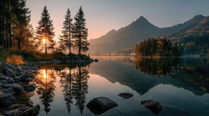Peaceful sunrise over mountain lake, golden light reflecting on calm waters, nature serenity and inner peace captured in gentle tones.