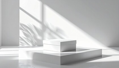 Minimalist White Product Display Podium with Natural Light and Shadows.