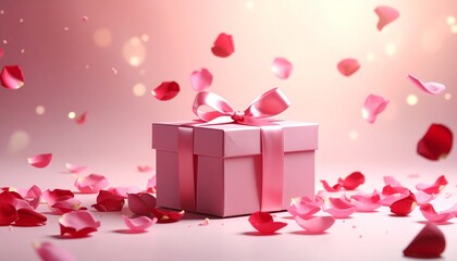 Pink Gift Box Surrounded by Rose Petals for Romantic Occasions.