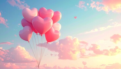 Pink Heart Balloons Floating in a Dreamy Sky.