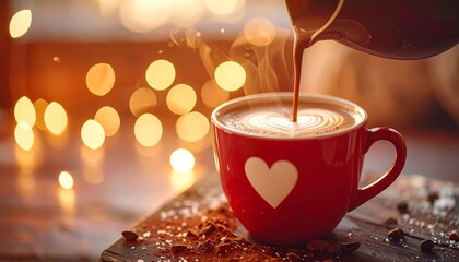Pouring Warm Chocolate into a Heart-Adorned Mug on a Cozy Morning.