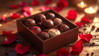 Romantic Chocolate Box with Rose Petals and Candles.