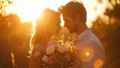 Romantic Couple Embracing at Sunset with Flowers and Golden Light.