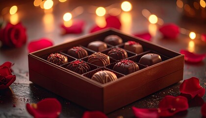 Romantic Chocolate Box with Rose Petals and Warm Bokeh Lights.