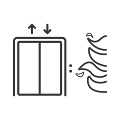 Isolated pictogram of an elevator with fire, showing a clear warning to avoid using lifts during fire emergencies for building safety signage.