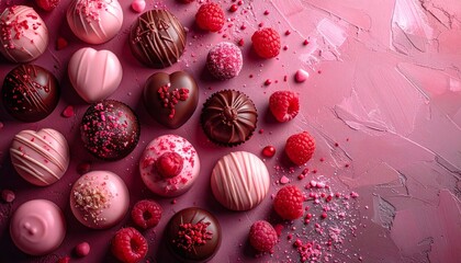 Valentines Day Chocolate Truffles and Raspberries on Pink Background.