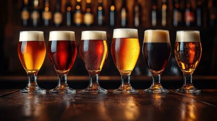 Six glasses of beer with varying colors and frothy heads lined up on a wooden bar counter with blurred bottles in the background, evoking a warm and inviting atmosphere