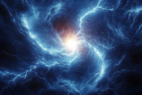 Electric blue storm clouds swirling around a bright glowing center with lightning bolts radiating intense energy and light