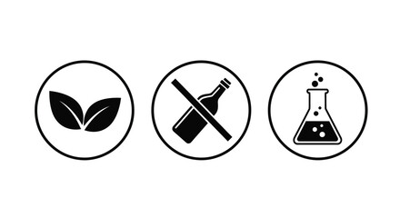 Three black and white icons representing nature, no alcohol, and chemistry, isolated on a white background.