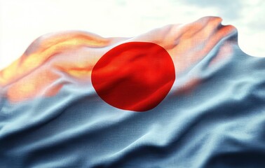 Close-up view of a softly waving fabric with a red circular shape in the center on a white background under natural light