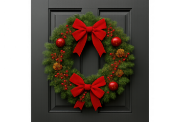 Christmas wreath hanging on a black door, featuring green pine branches, red bows, berries, and ornaments for holiday