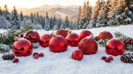 Festive Red Christmas Ornaments on Snowy Winter Ground