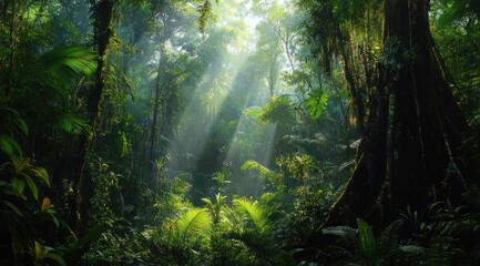 Fototapeta premium Sunlight beams filtering through dense tropical rainforest with lush green foliage and tall trees covered in vines