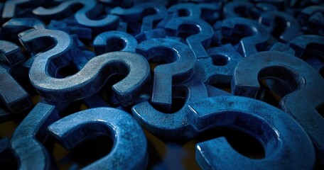 Close-up of multiple blue metallic question marks scattered together conveying curiosity and inquiry