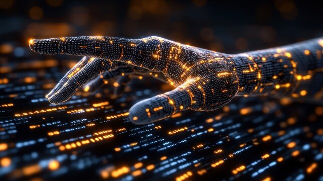 Cybernetic hand interacts with digital code - Powered by Adobe
